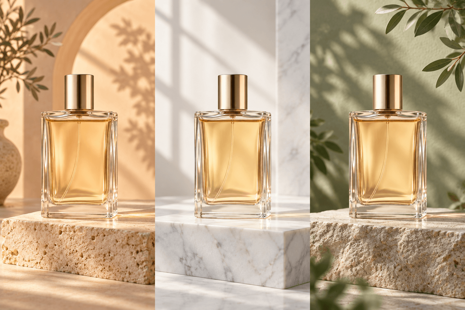 Three AI-generated variations of the same perfume bottle: warm peach studio, white marble setting and sage botanical scene