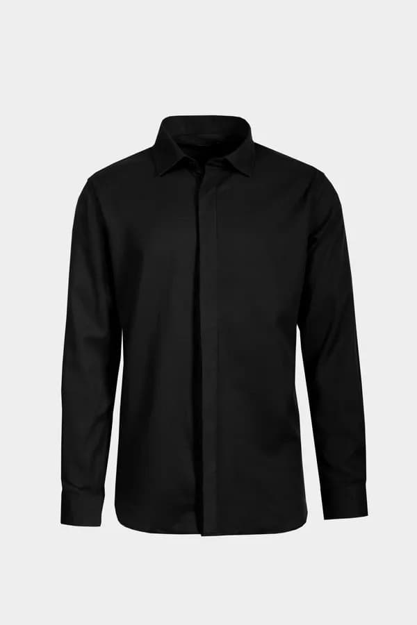 Black shirt presented in an invisible mannequin product photography style